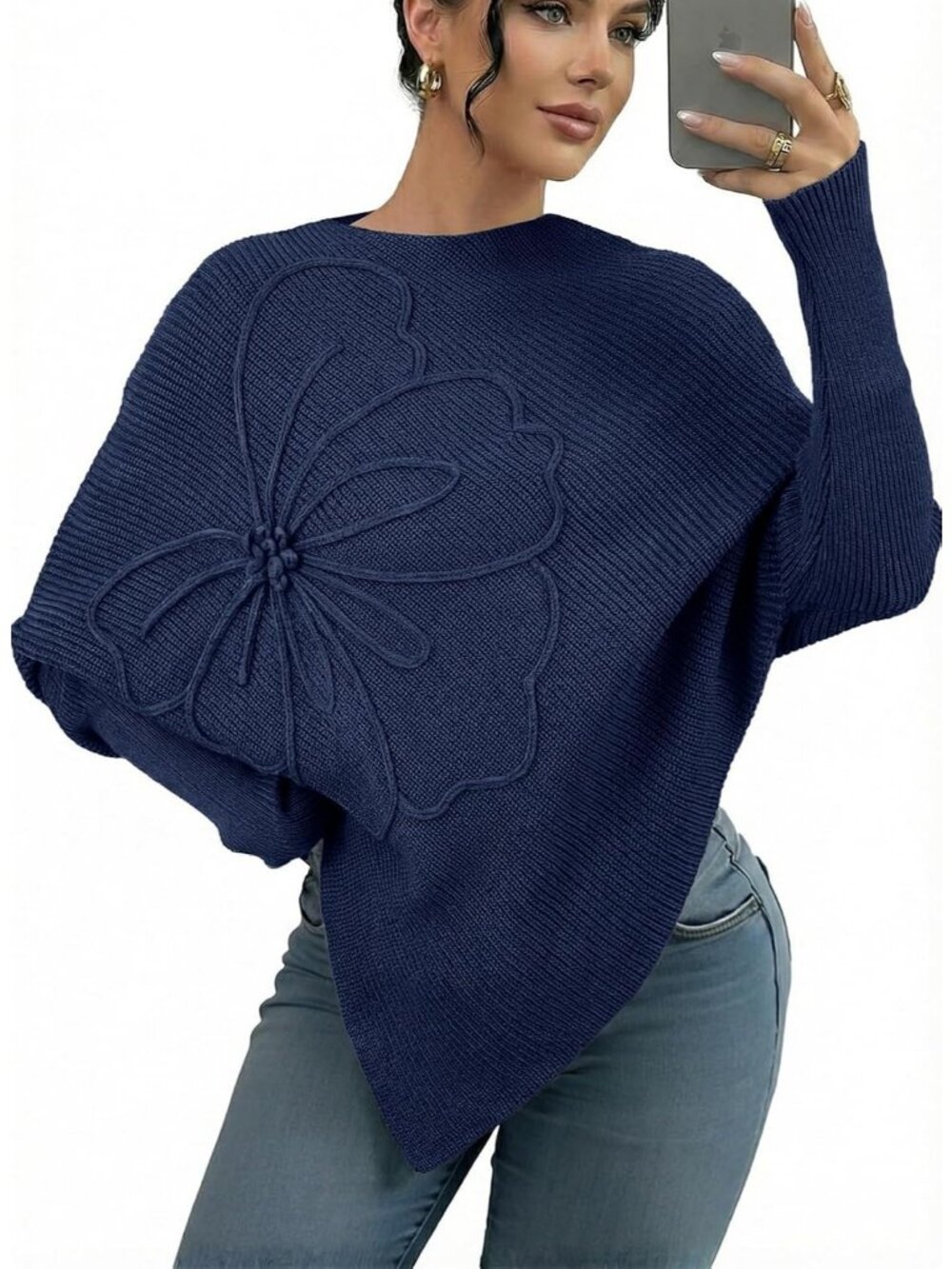 Women's Dark Blue Oversized Long Sleeve Crewneck Asymmetrical Fashion Sweater